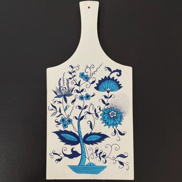 Other - Vintage Hand Painted Decorative Cutting Board Floral Blue & White Folk Art